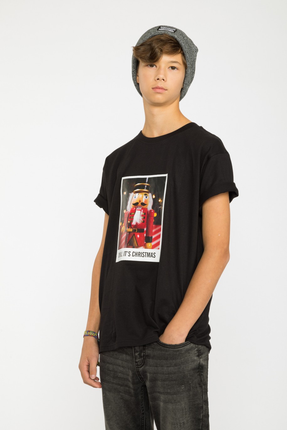 Czarny świąteczny T-shirt z nadrukiem - 45031