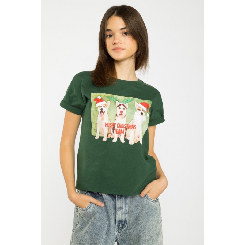 Zielony T-shirt ze świątecznym nadrukiem - 45034