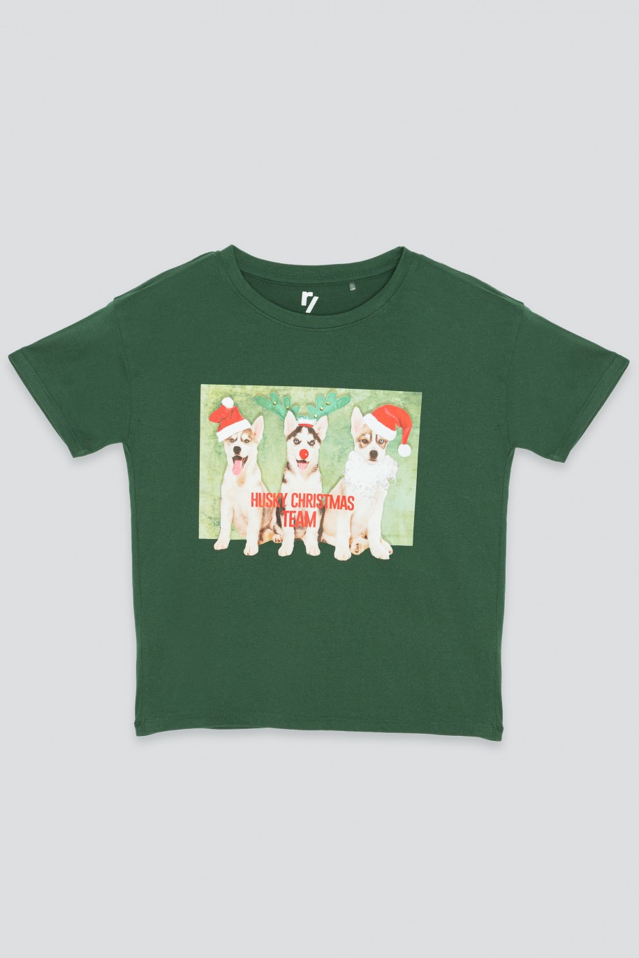 Zielony T-shirt ze świątecznym nadrukiem - 45038