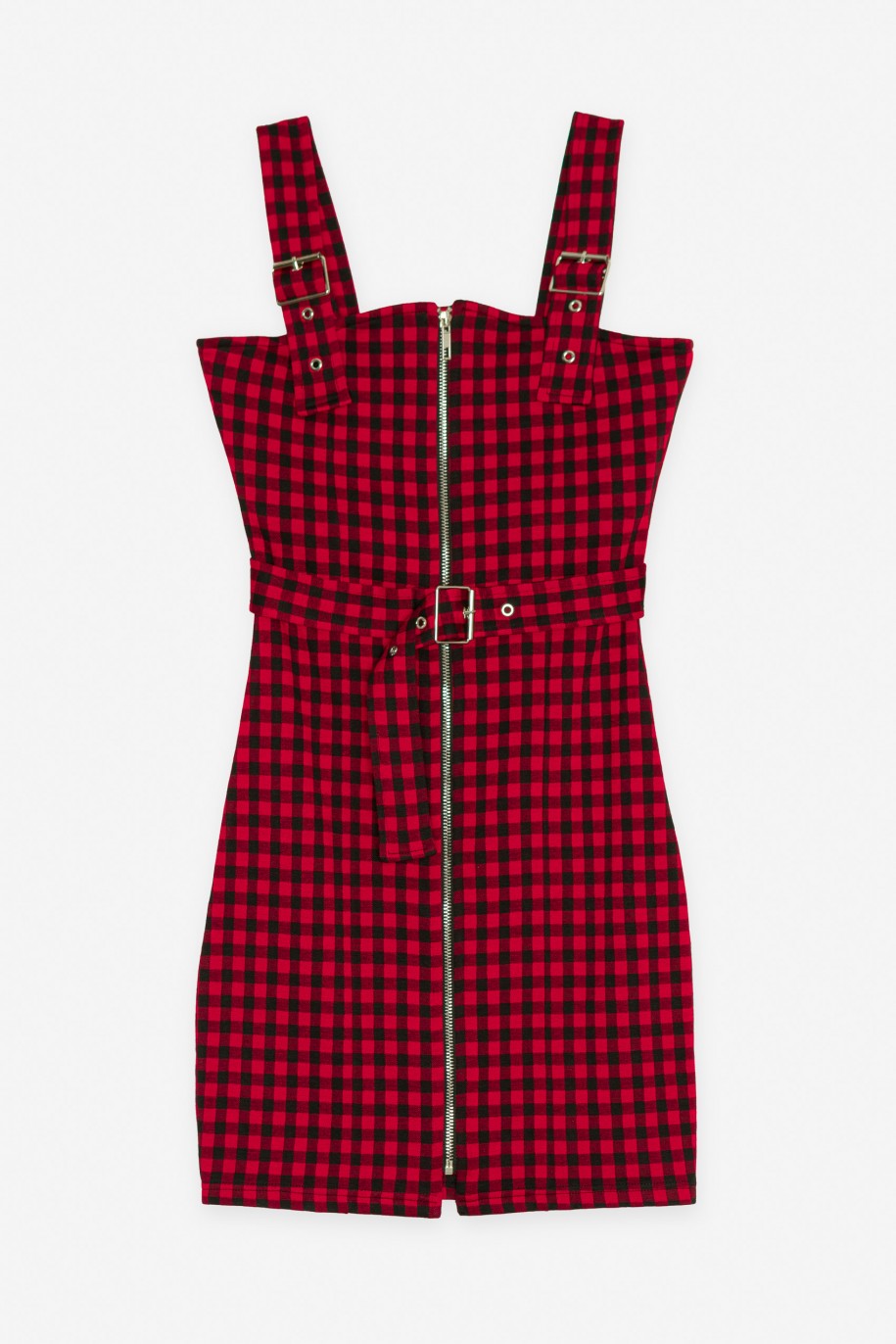 Sukienka na szelkach w czerwono-czarną kratę - 45050