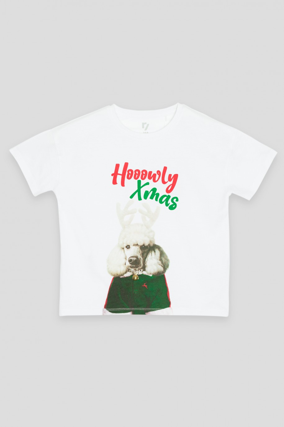 Biały T-shirt ze świątecznym nadrukiem - 45083
