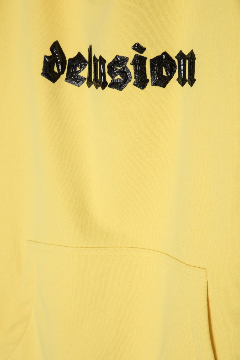 Żółta bluza dresowa z kapturem i wypukłym nadrukiem - 45419