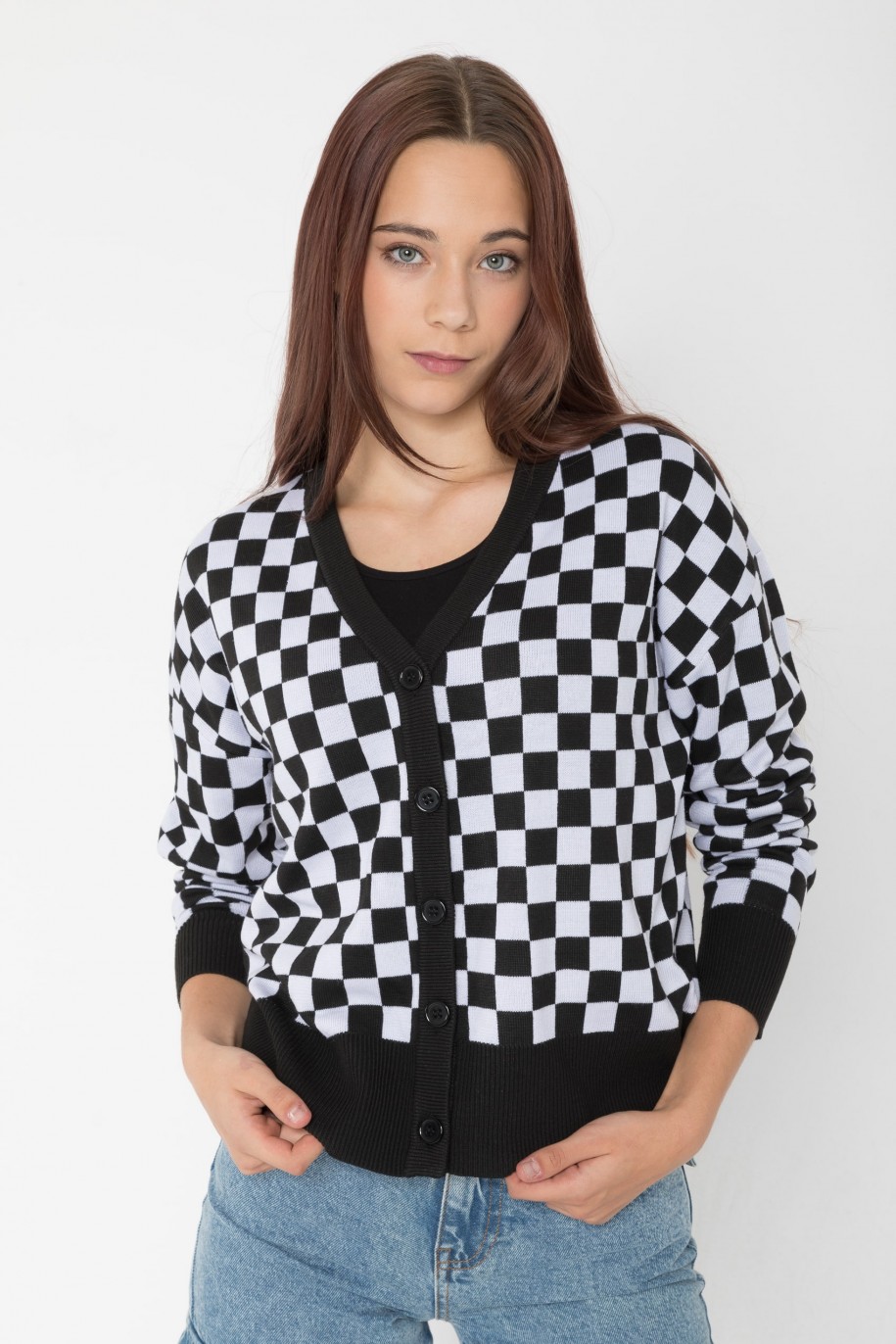 Czarno-biały rozpinany sweter na guziki - 45443