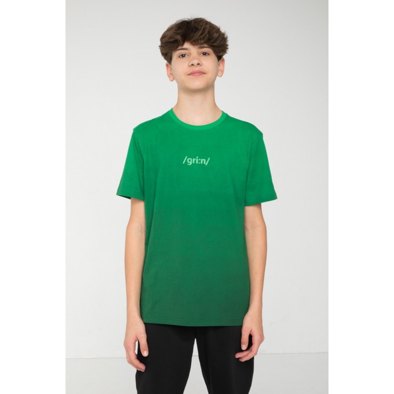 T-Shirt cieniowany w kolorze soczystej zieleni z nadrukiem na piersi - 45523