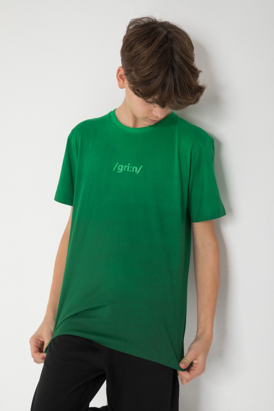 T-Shirt cieniowany w kolorze soczystej zieleni z nadrukiem na piersi - 45525