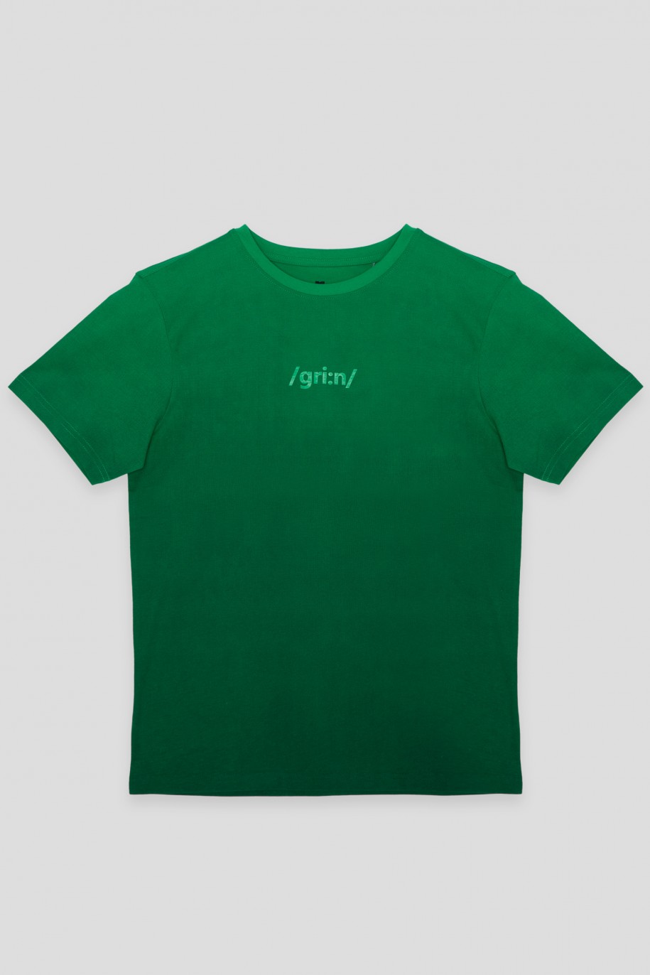 T-Shirt cieniowany w kolorze soczystej zieleni z nadrukiem na piersi - 45527