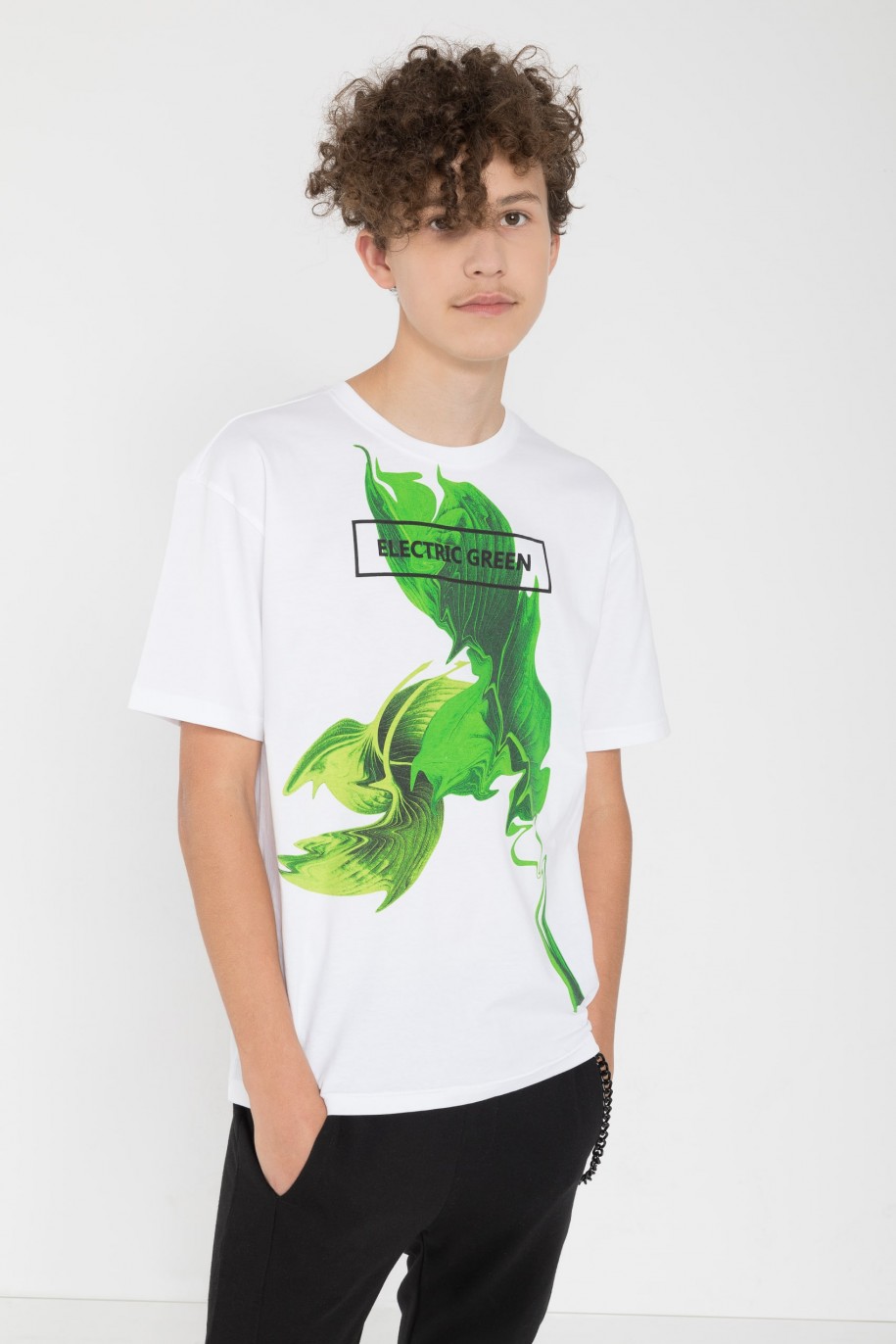 Biały T-Shirt z zielonym nadrukiem z przodu - 45529