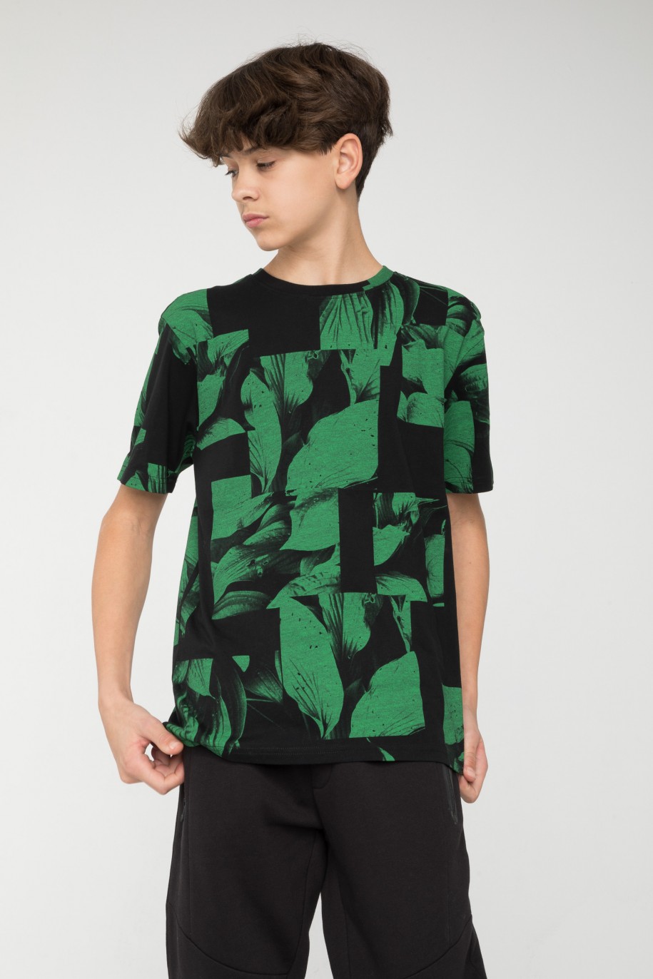 Czarny T-Shirt z nadrukiem w kolorze ciemnej zieleni - 45535