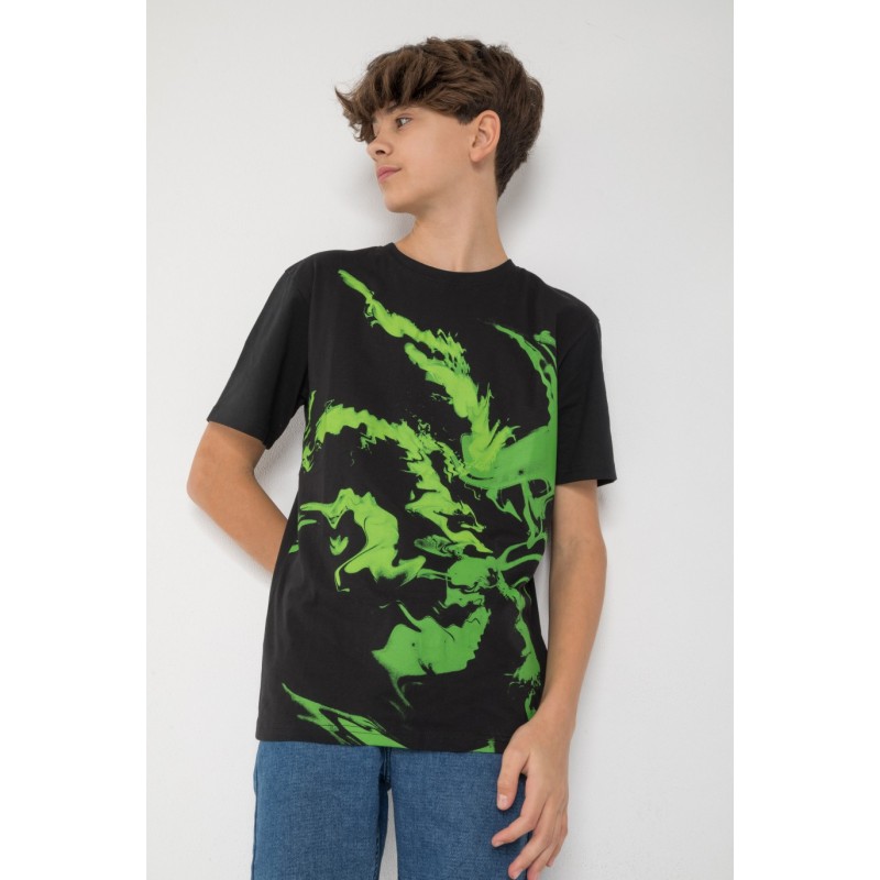 Czarny T-Shirt z nadrukiem w kolorze energetycznej zieleni - 45541