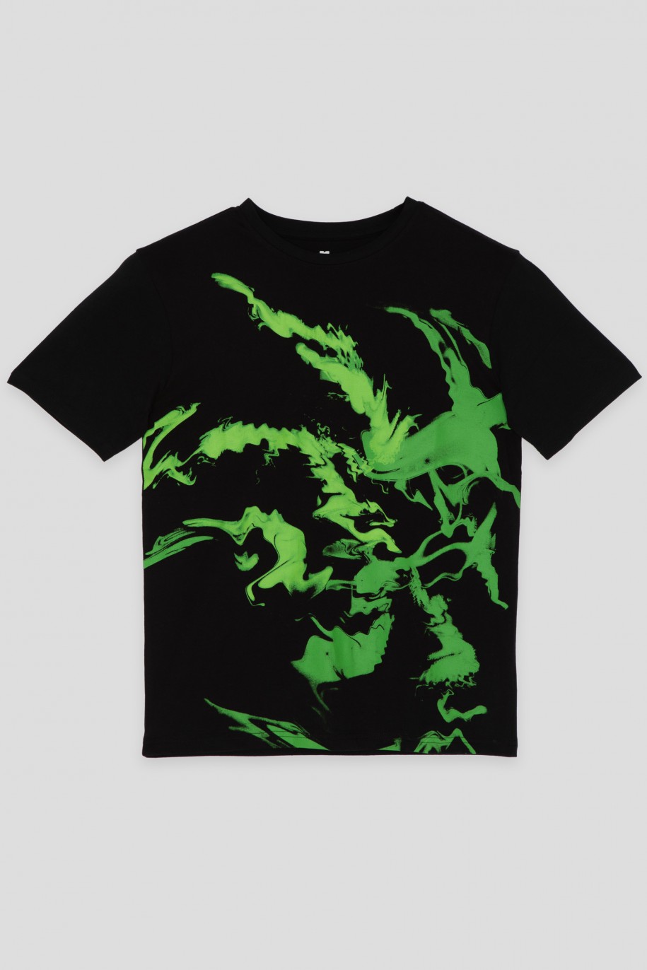 Czarny T-Shirt z nadrukiem w kolorze energetycznej zieleni - 45546