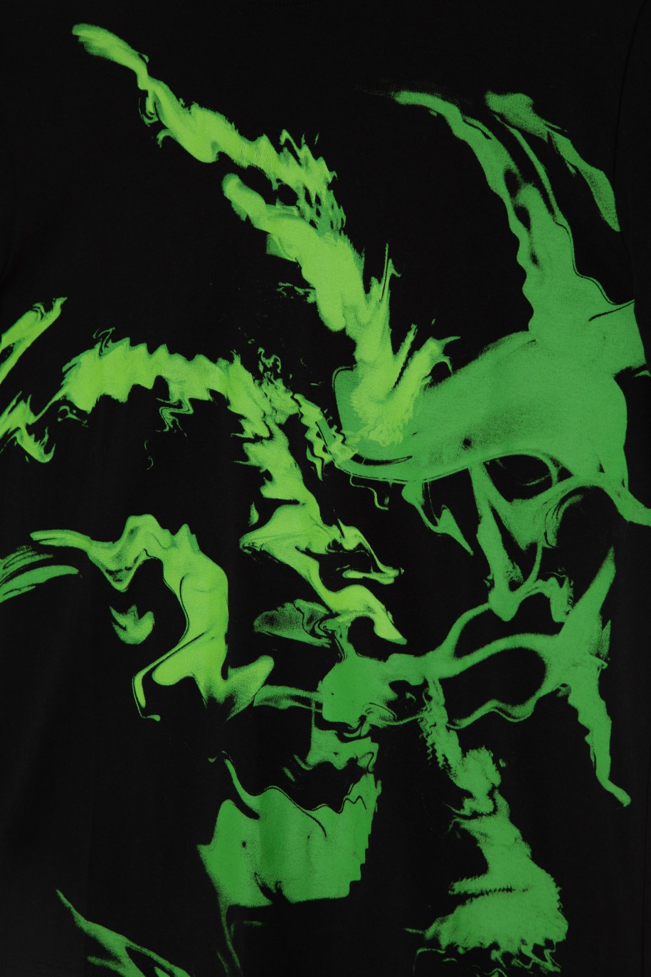 Czarny T-Shirt z nadrukiem w kolorze energetycznej zieleni - 45547