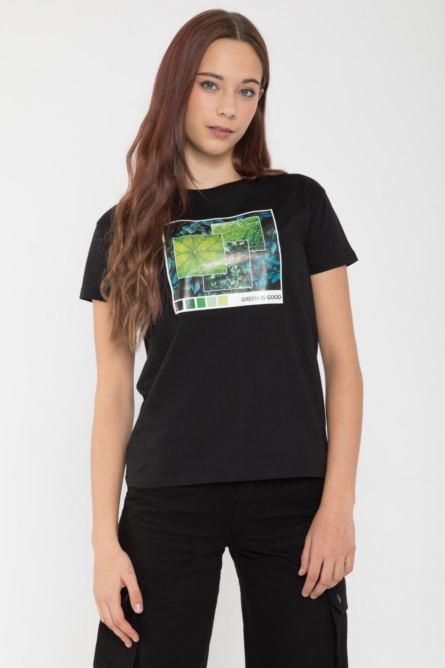Czarny T-Shirt z nadrukiem w kolorze ciemnej zieleni - 45554