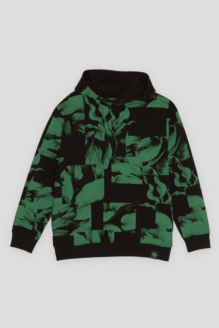 Czarna bluza z kapturem z nadrukiem w kolorze ciemnej zieleni - 45577