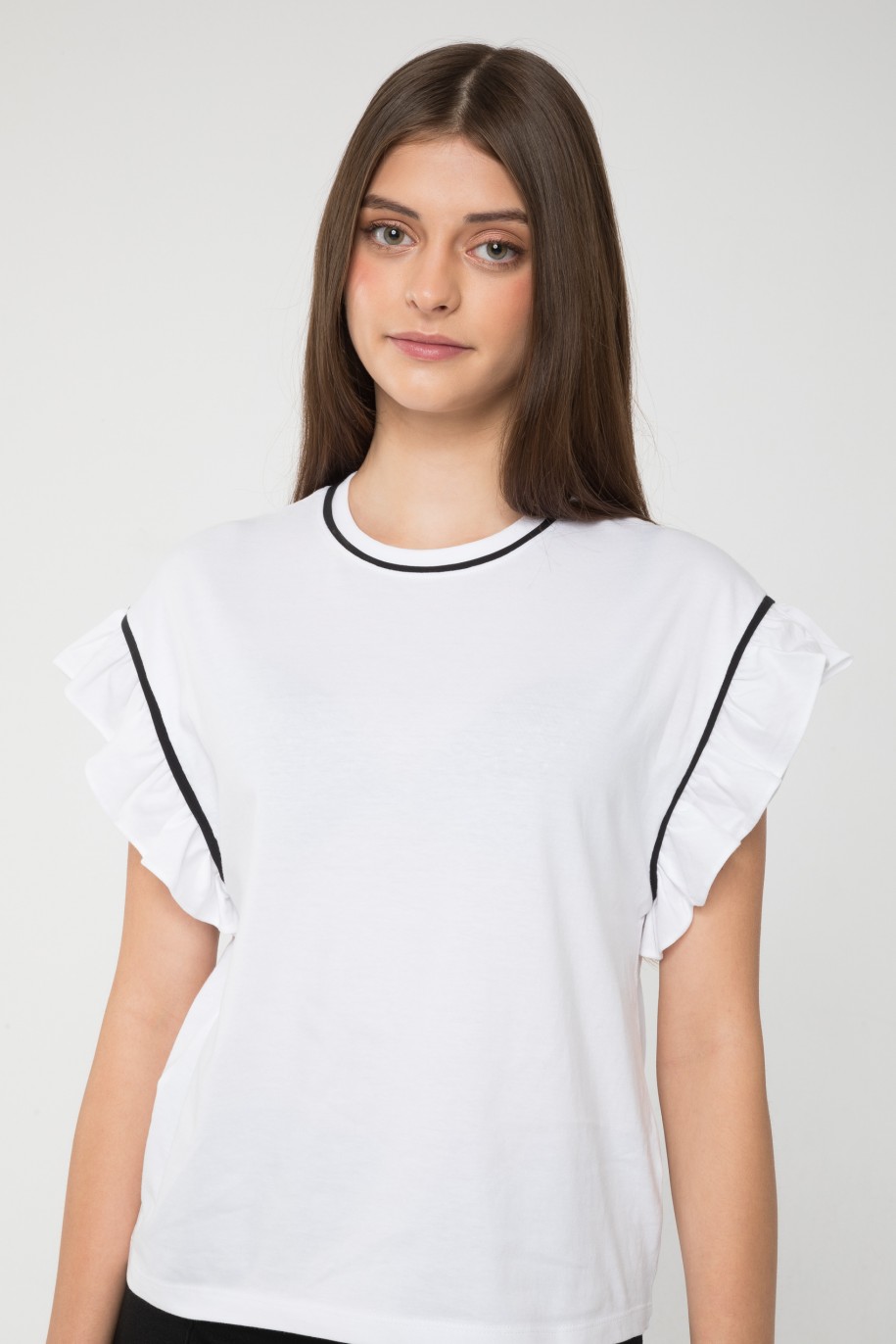 Biała elegancka bluzka z ozdobną czarną lamówką - 45800