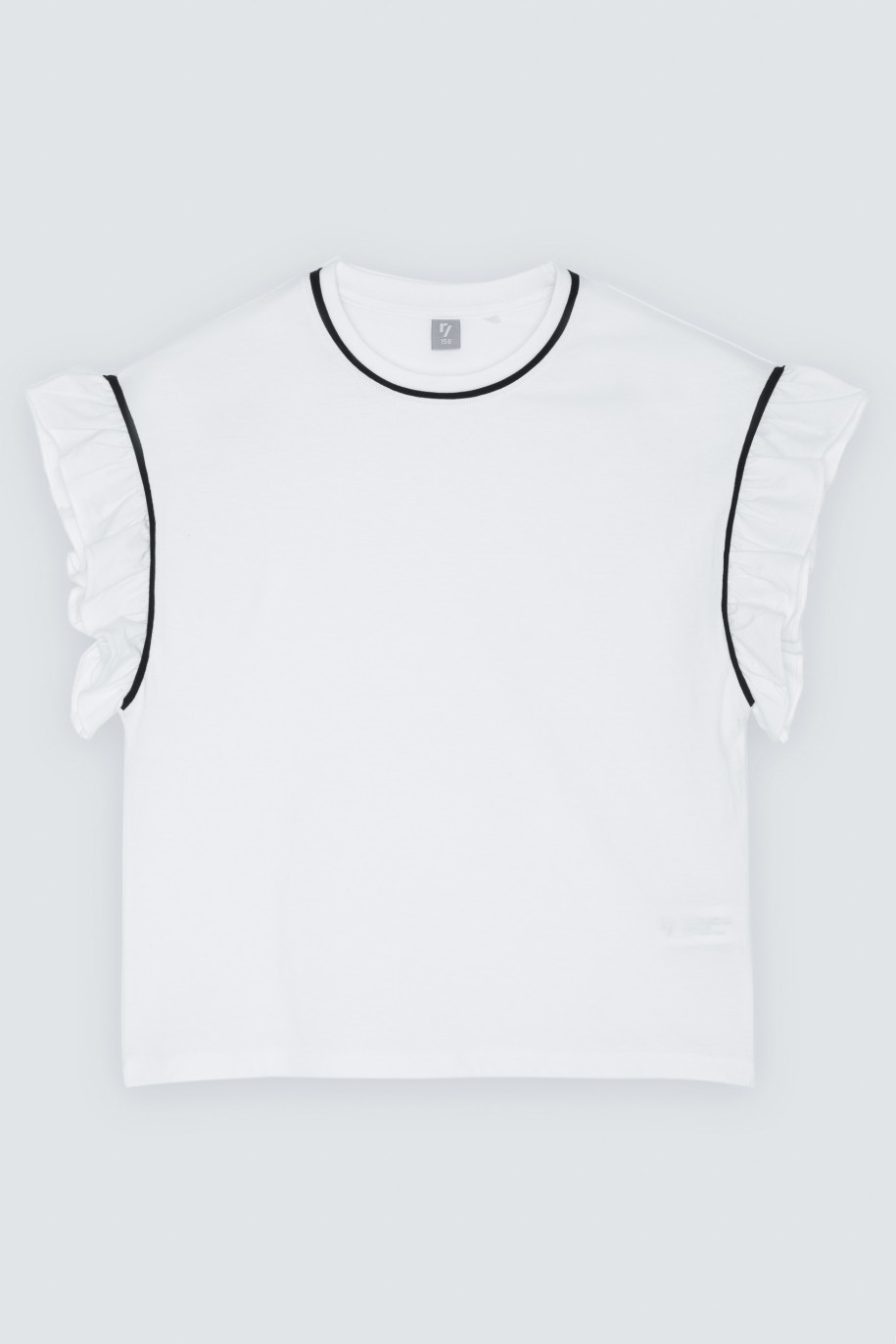Biała elegancka bluzka z ozdobną czarną lamówką - 45801