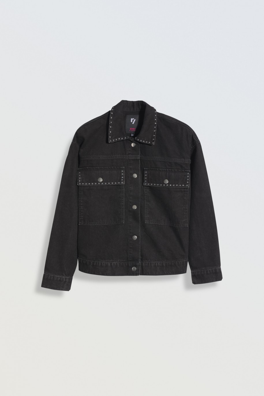 Czarna kurtka jeansowa z ozdobnymi nitami - 45978