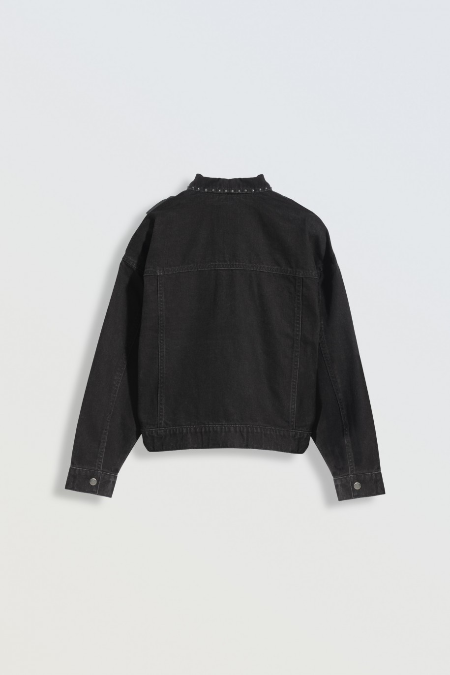 Czarna kurtka jeansowa z ozdobnymi nitami - 45979