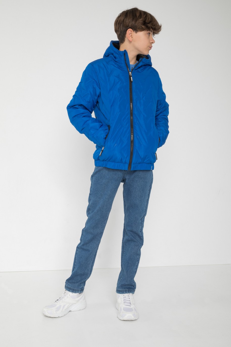Niebieska pikowana kurtka przejściowa z kapturem - 46094