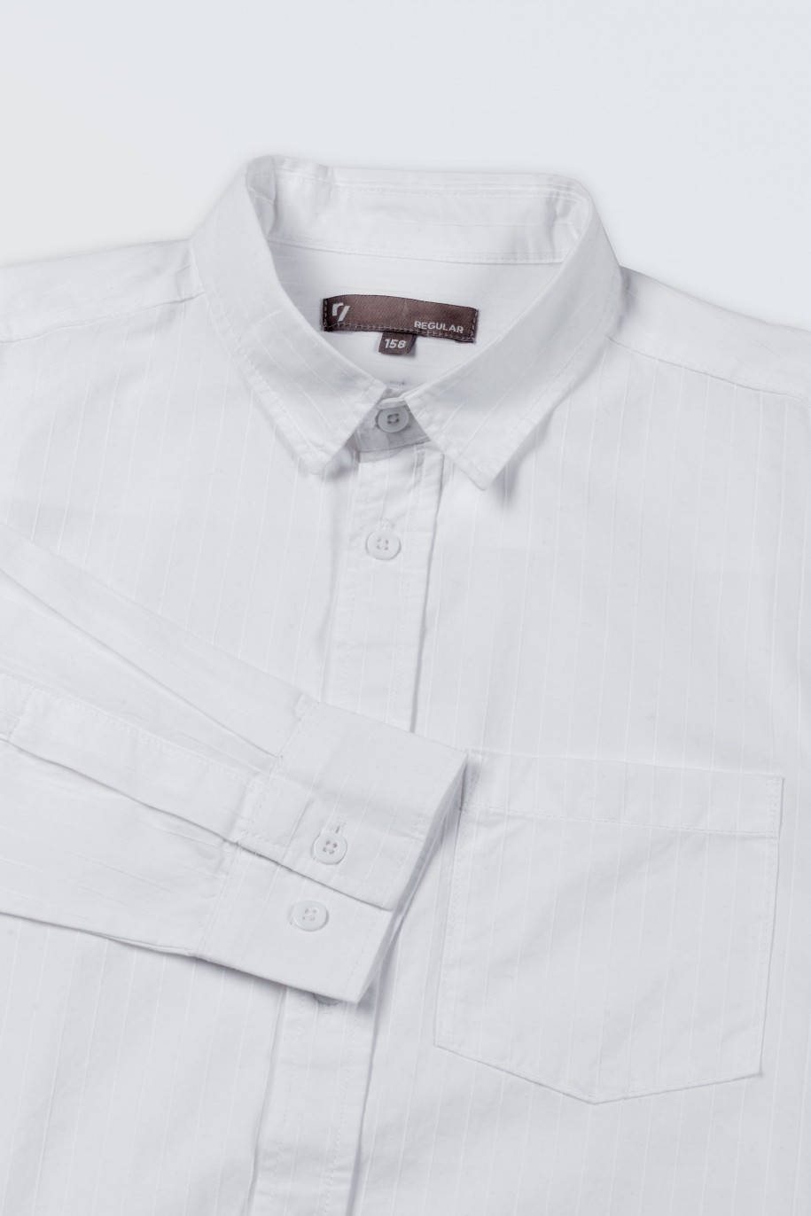 Biała koszula z długim rękawem z tkaniny w prążki - 46204