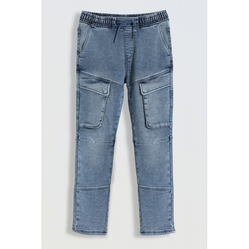 Niebieskie marmurkowe jeansy typu joggery z kieszeniami - 46251