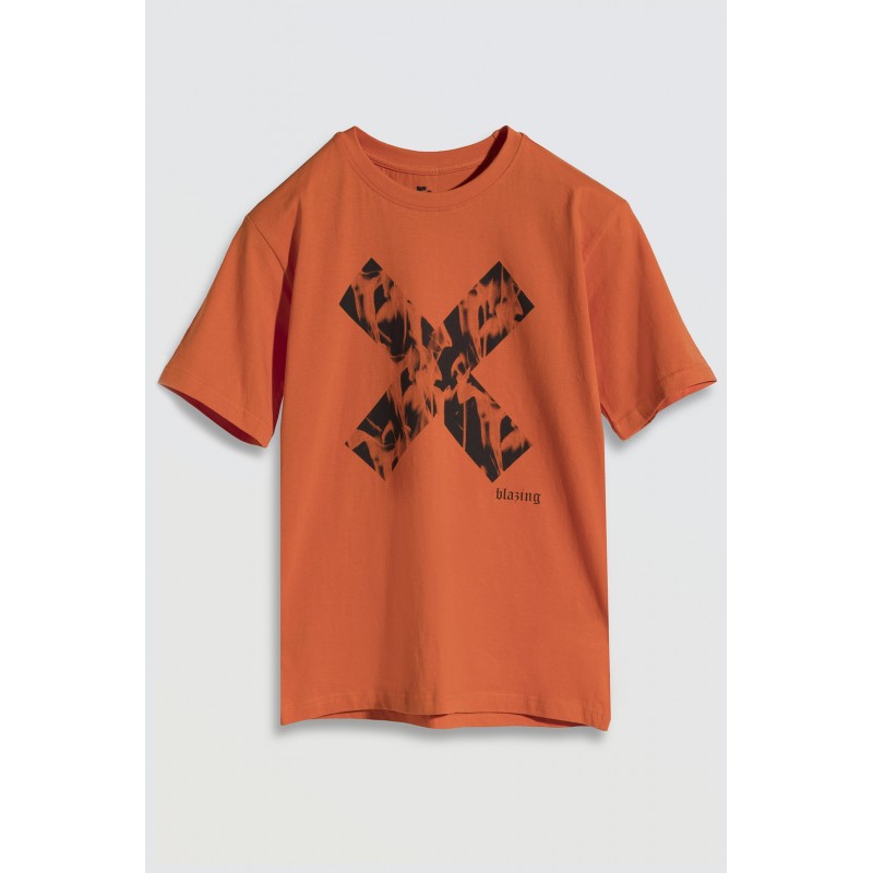 Pomarańczowy T-shirt z czarnym nadrukiem z przodu - 46290
