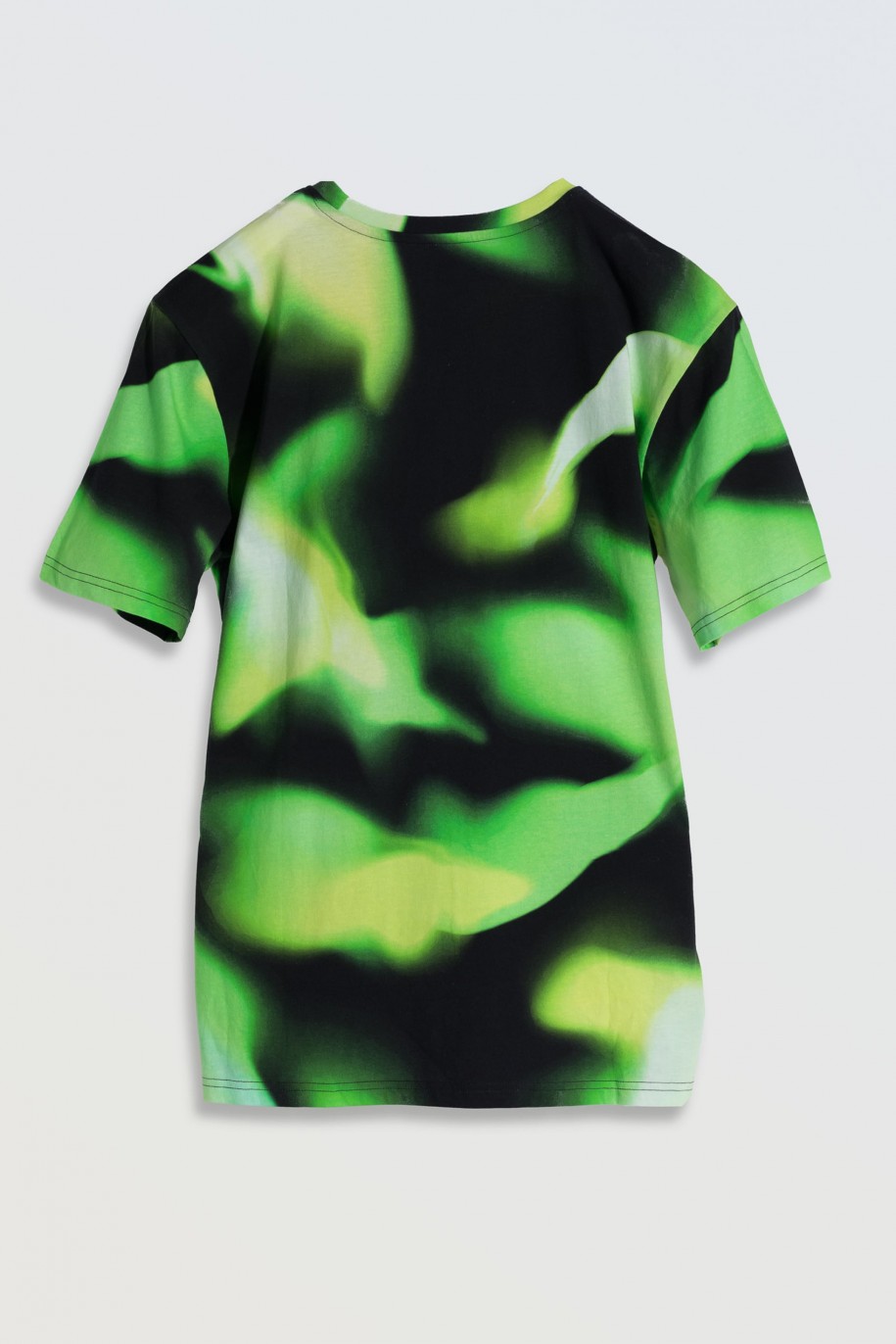 Czarny T-Shirt z artystycznym nadrukiem w kolorze energetycznej zieleni - 46295