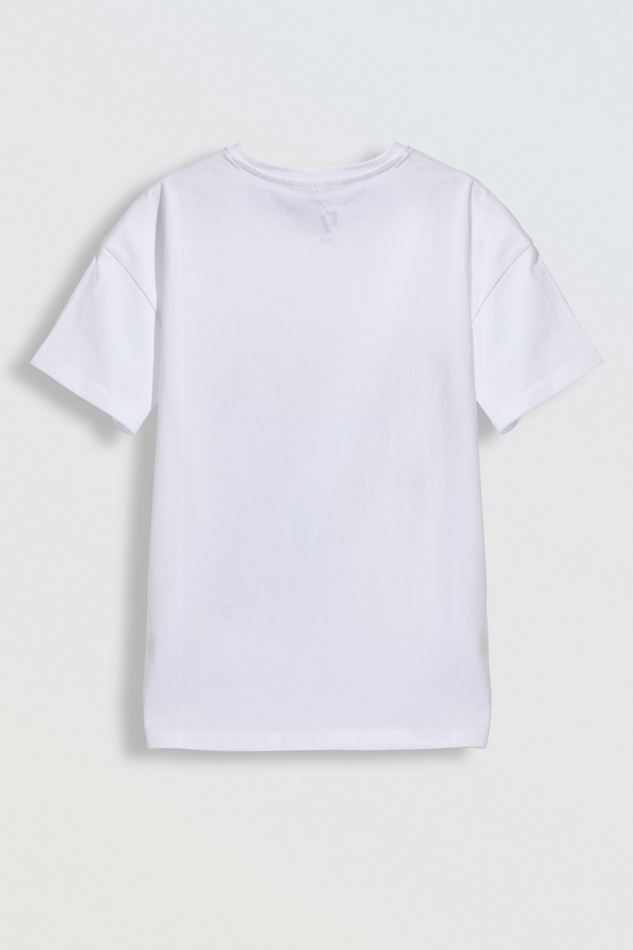 Biały T-shirt z kolorowym nadrukiem z przodu - 46301