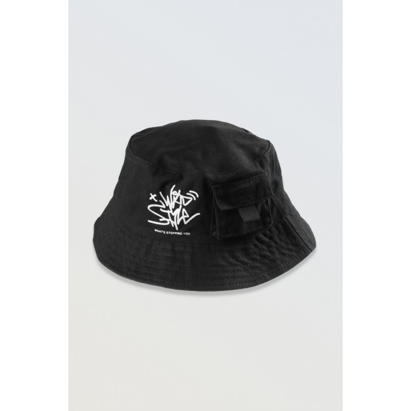 Czarny kapelusz bucket-hat z grafiką - 46480