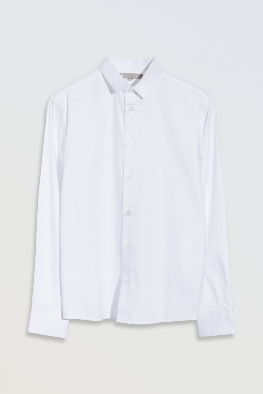Biała koszula o luźnym kroju z długim rękawem - 46591