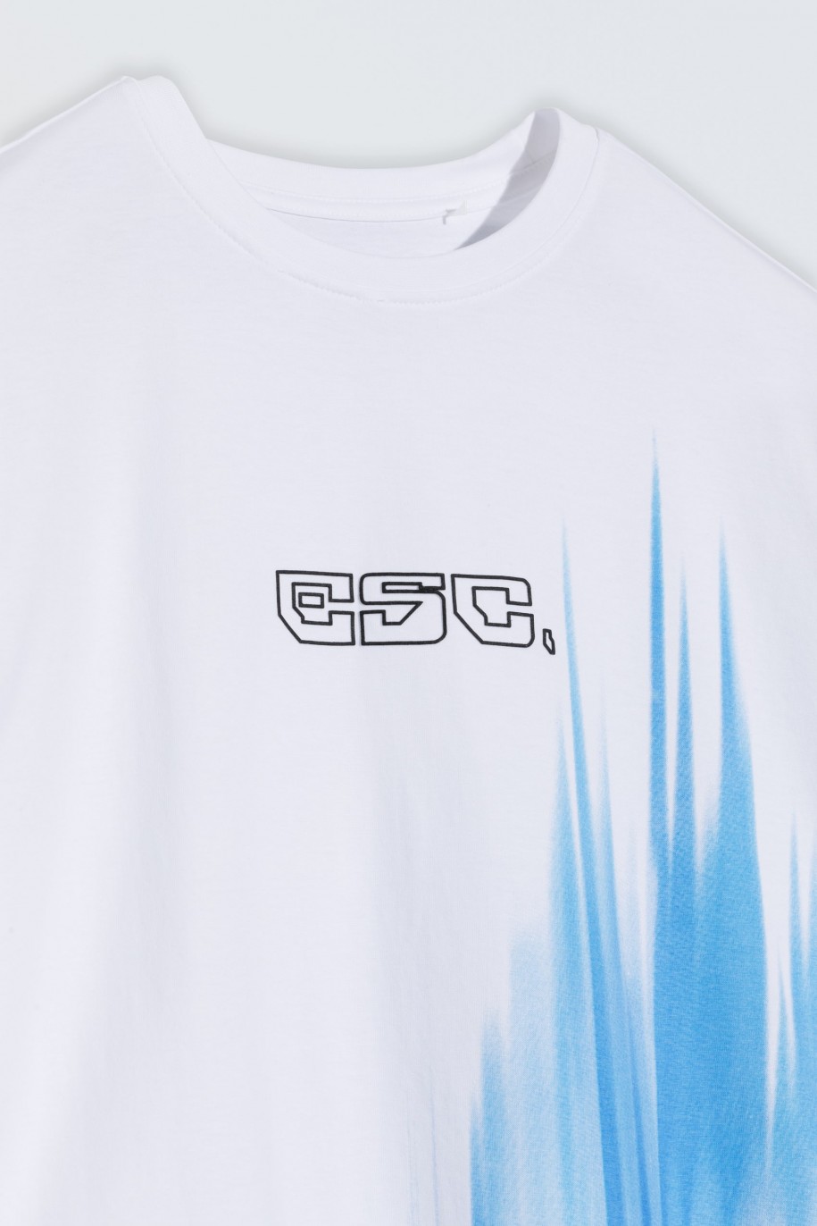 Biały T-shirt z niebieskim nadrukiem z przodu - 46605