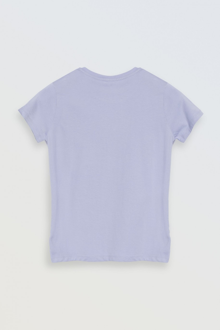 Fioletowy T-Shirt z kolorowym nadrukiem z przodu - 46613