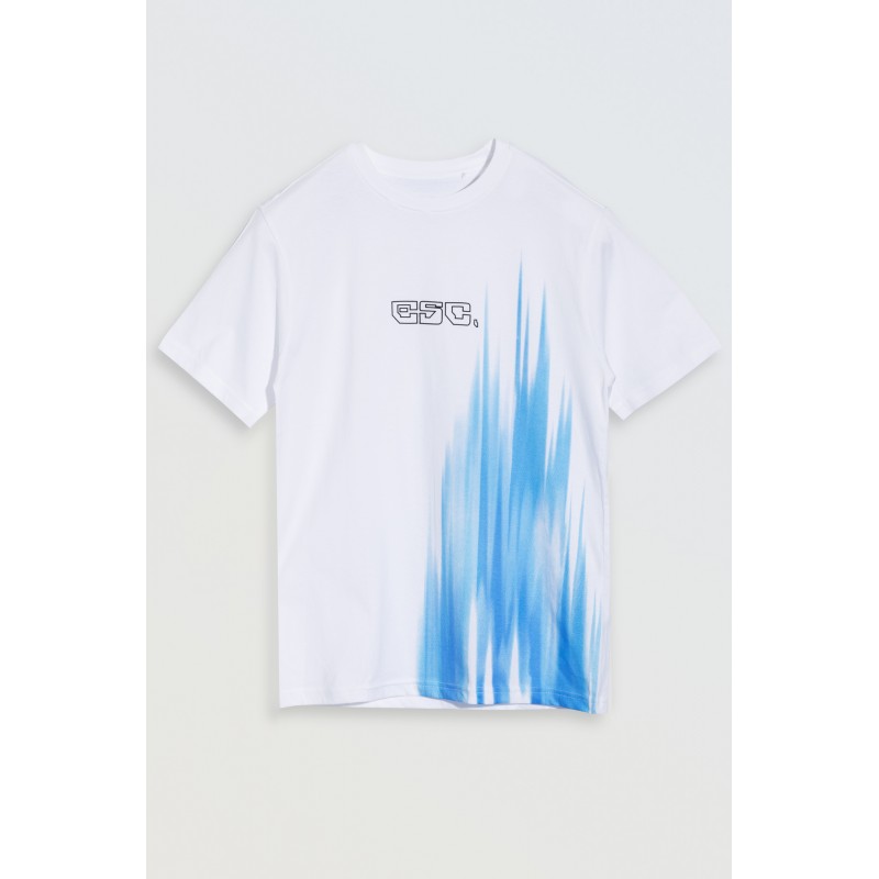 Biały T-shirt z niebieskim nadrukiem z przodu - 46672