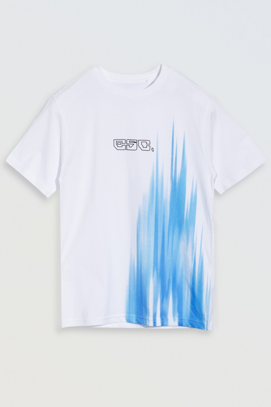 Biały T-shirt z niebieskim nadrukiem z przodu - 46672