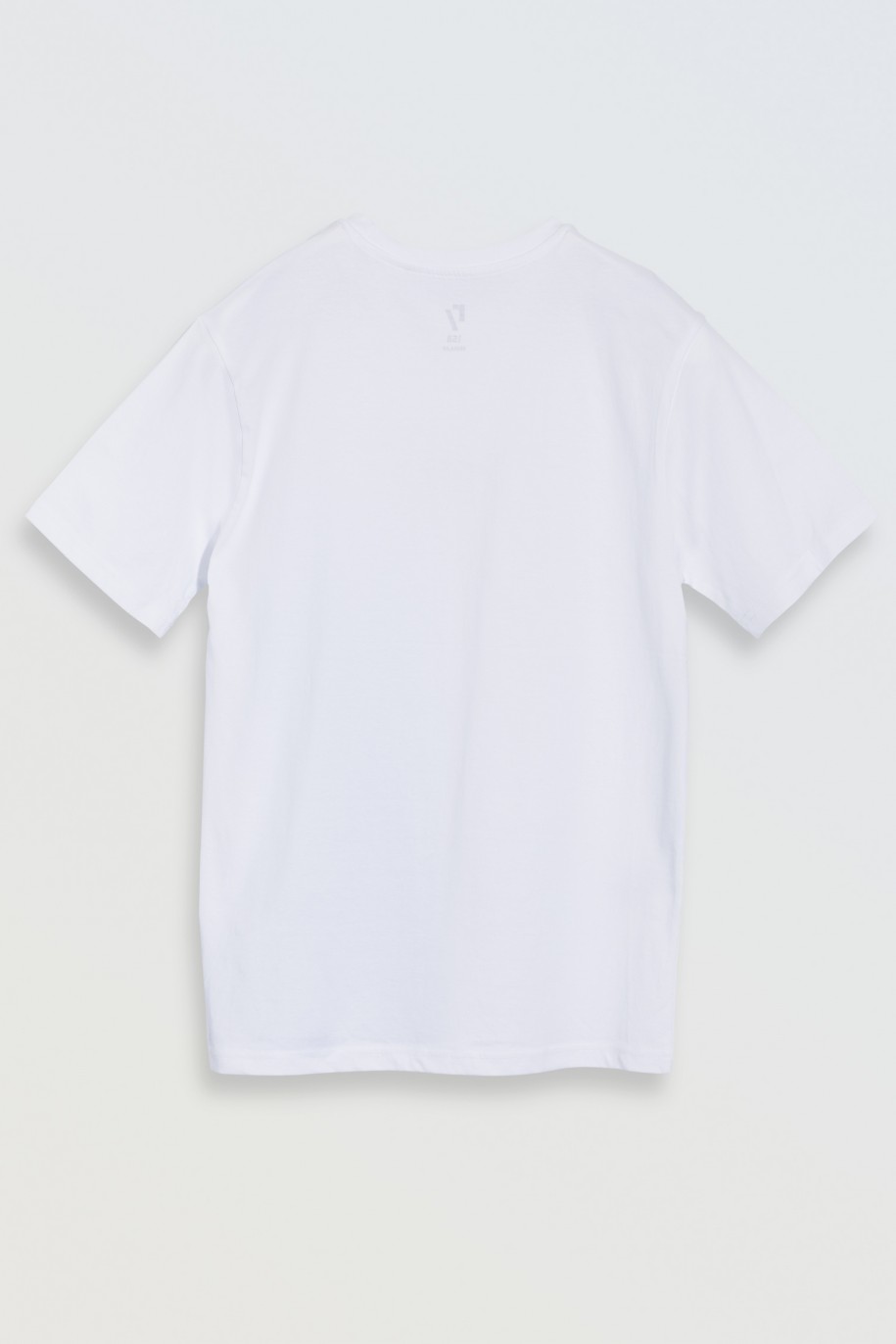Biały T-shirt z niebieskim nadrukiem z przodu - 46673
