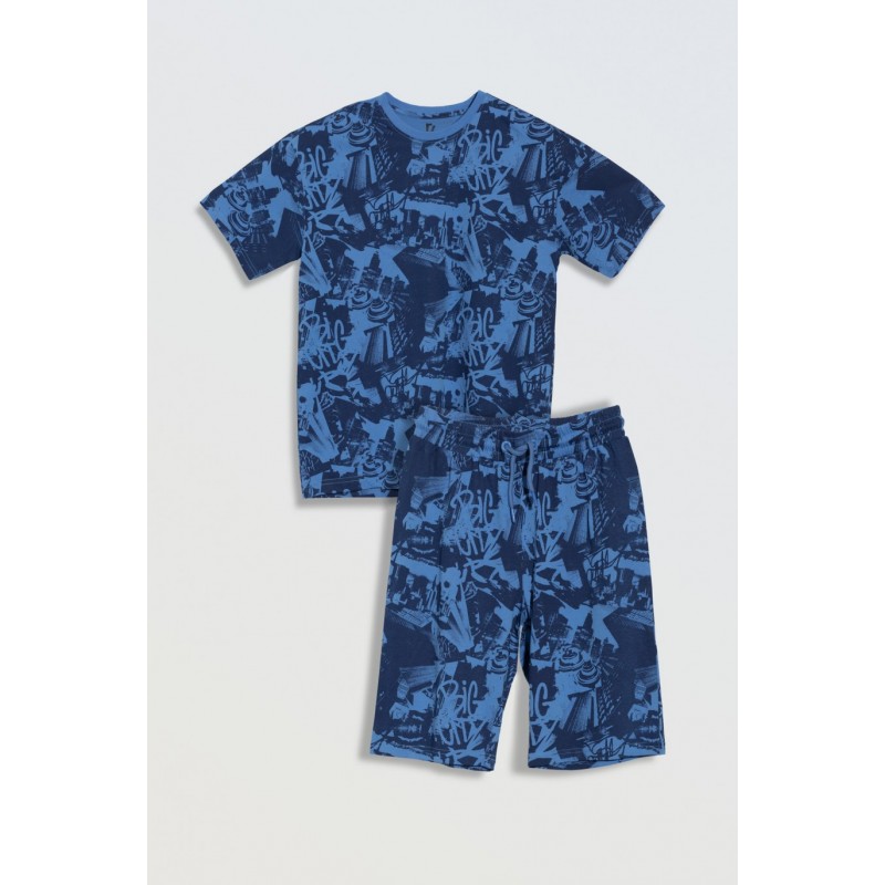 Bawełniana piżama z niebieskim nadrukiem na całości - 46746