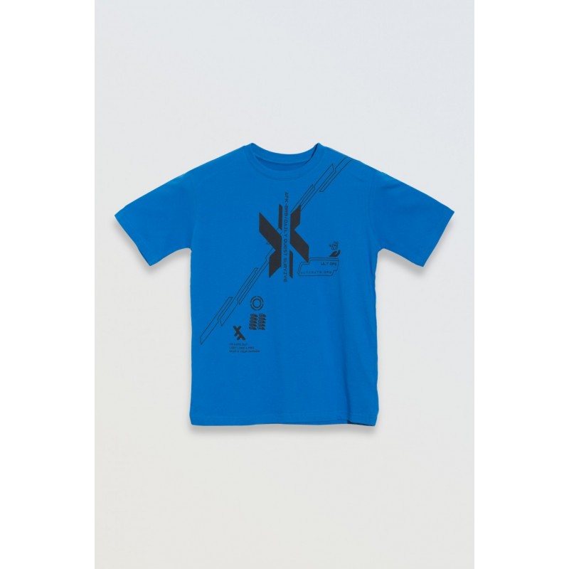 Niebieski t-shirt z czarnym nadrukiem z przodu - 46800
