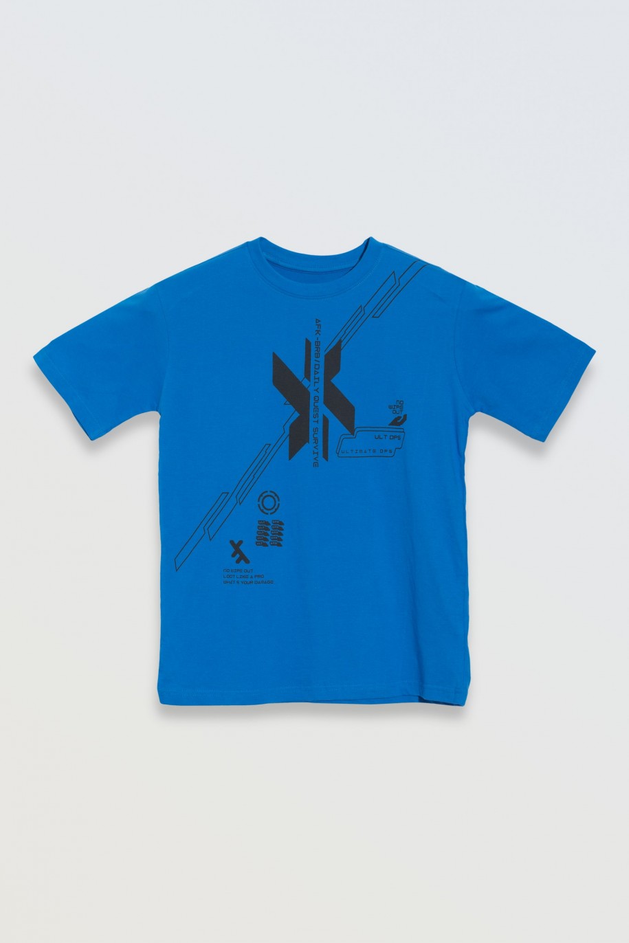 Niebieski t-shirt z czarnym nadrukiem z przodu - 46800