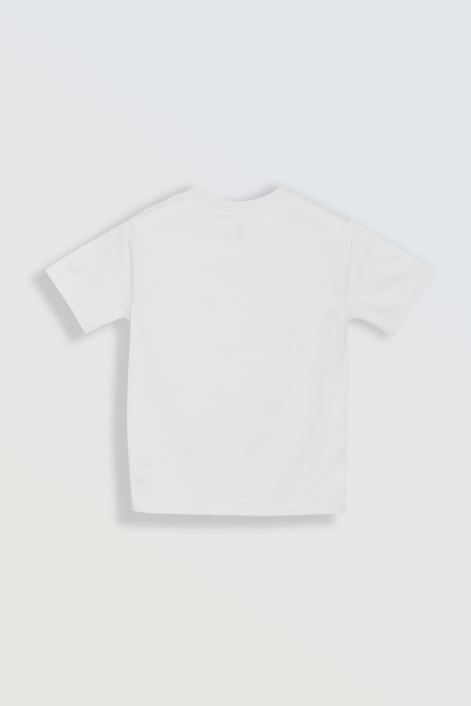 Biały t-shirt z błyszczącym nadrukiem na wysokości piersi - 46847