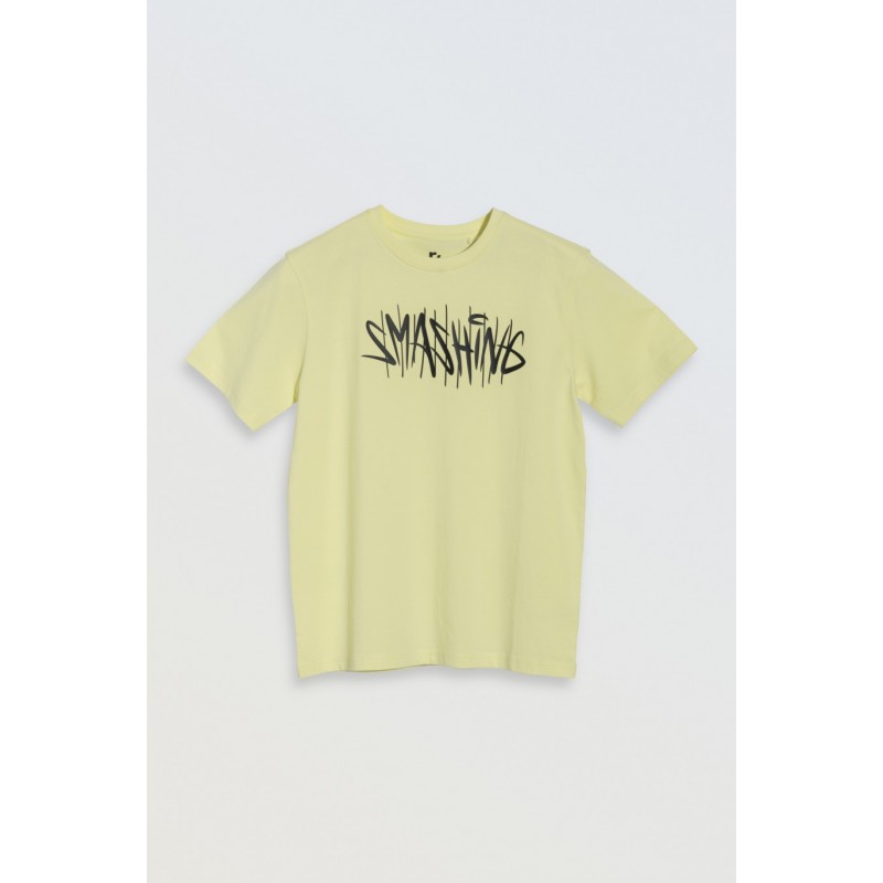 Żółty t-shirt z czarnym nadrukiem na wysokości piersi - 46855