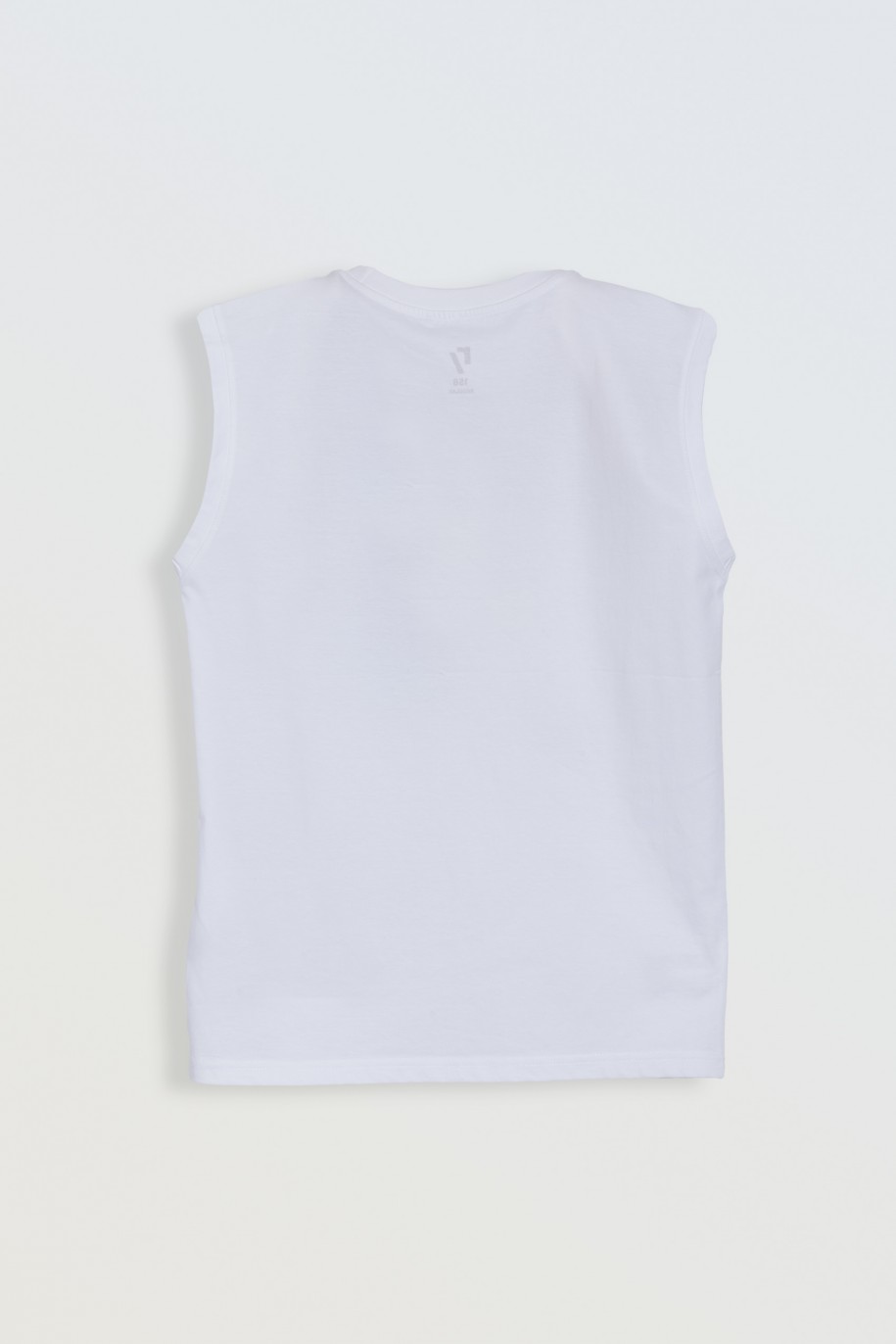 Biały t-shirt bez rękawów z kolorowym nadrukiem z przodu - 46881