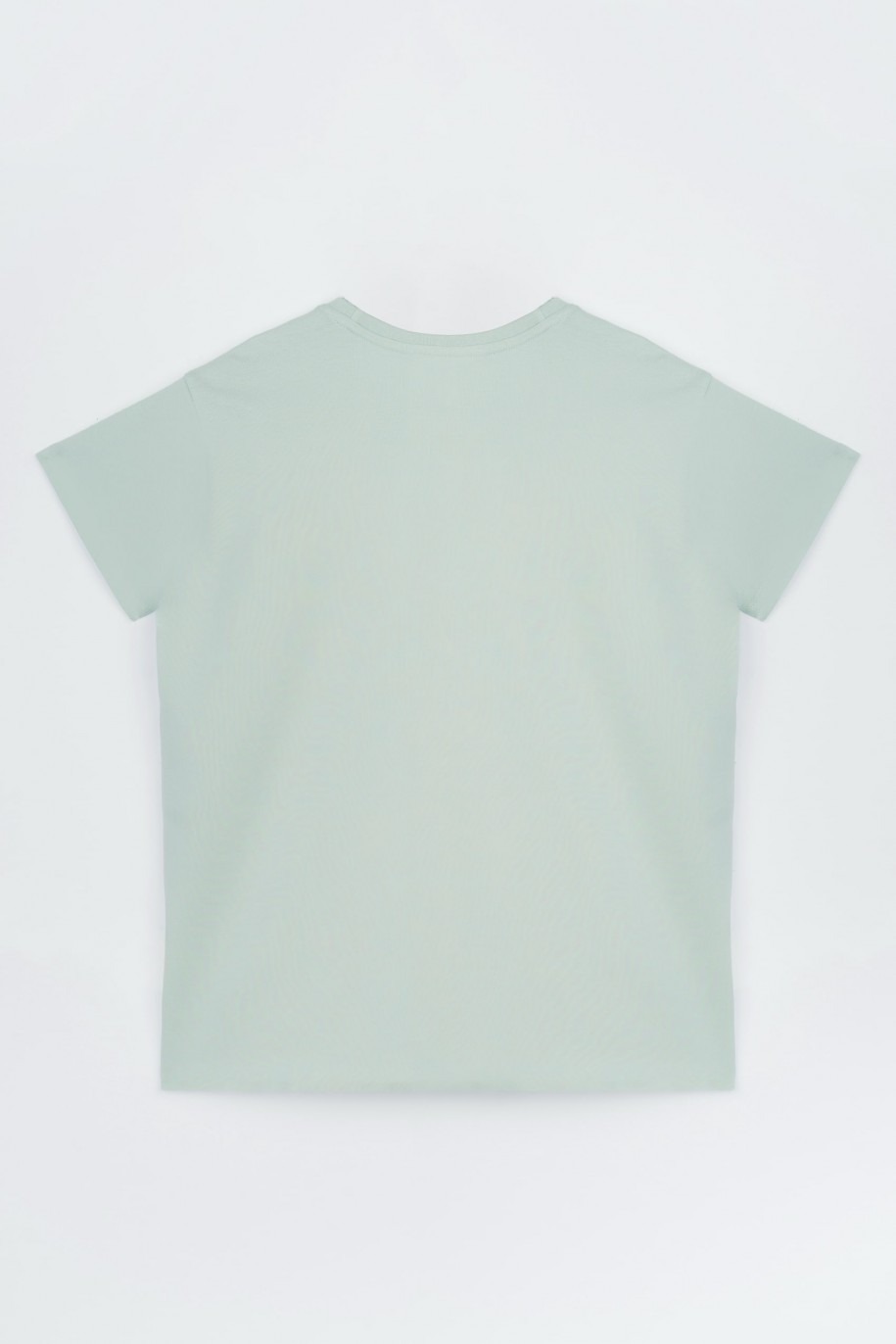 Zielony t-shirt z kolorowymi nadrukami z przodu - 47005