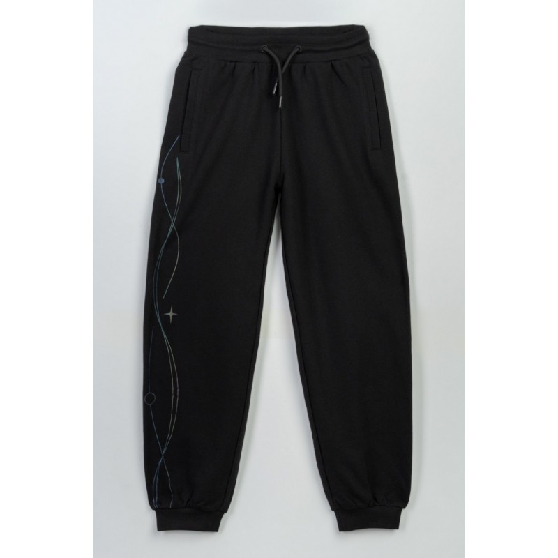 Czarne spodnie dresowe z hologramowym nadrukiem na nogawce - 47263