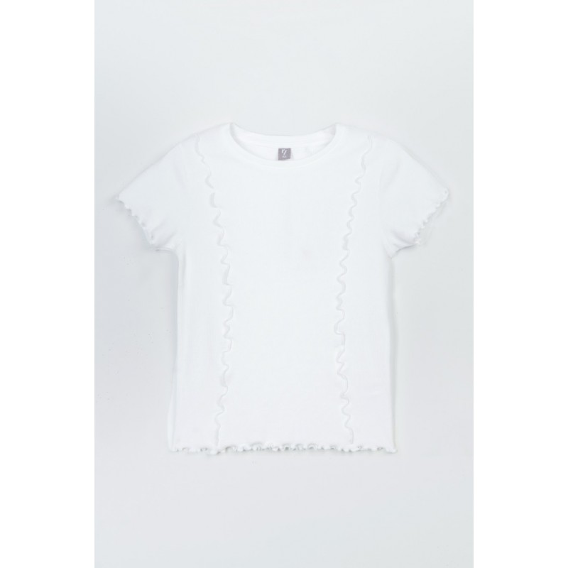 Biała bluzka z dzianiny prążkowanej z ozdobnymi falbankami - 47267