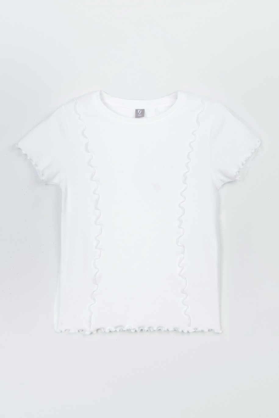 Biała bluzka z dzianiny prążkowanej z ozdobnymi falbankami - 47267
