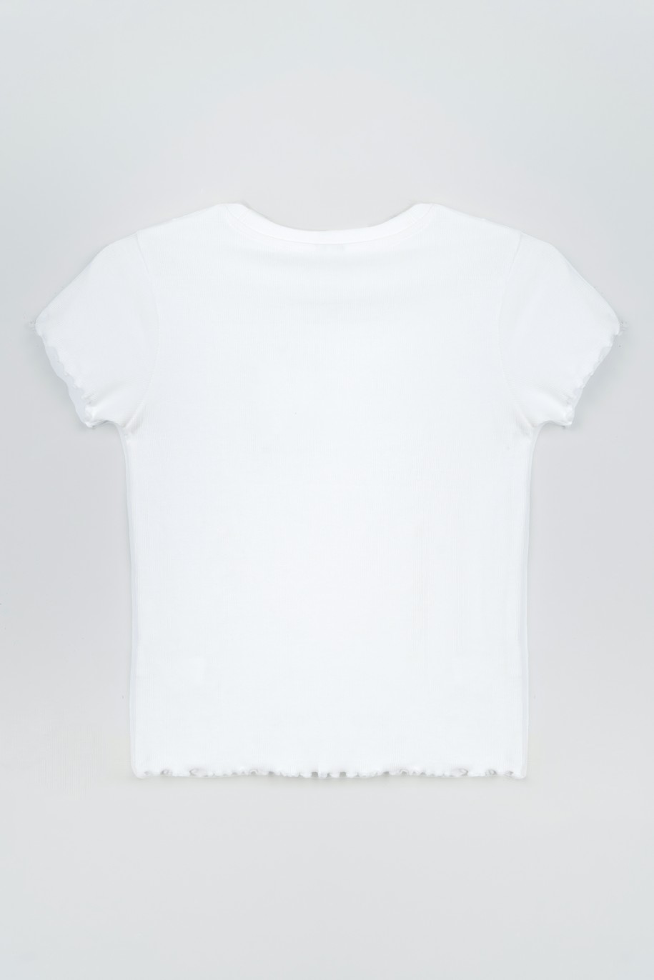 Biała bluzka z dzianiny prążkowanej z ozdobnymi falbankami - 47268