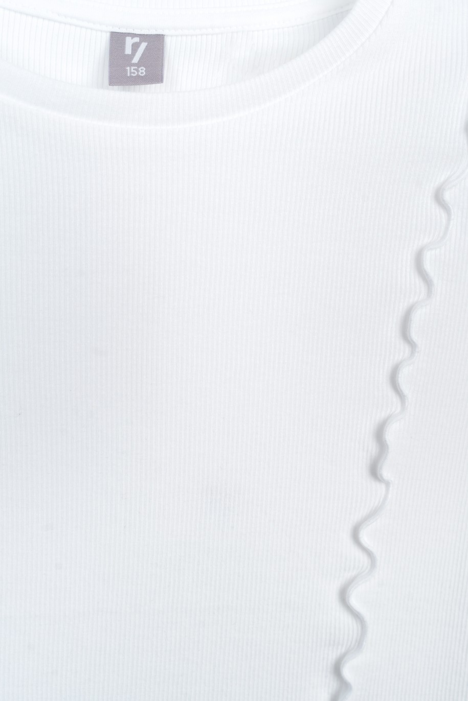 Biała bluzka z dzianiny prążkowanej z ozdobnymi falbankami - 47270