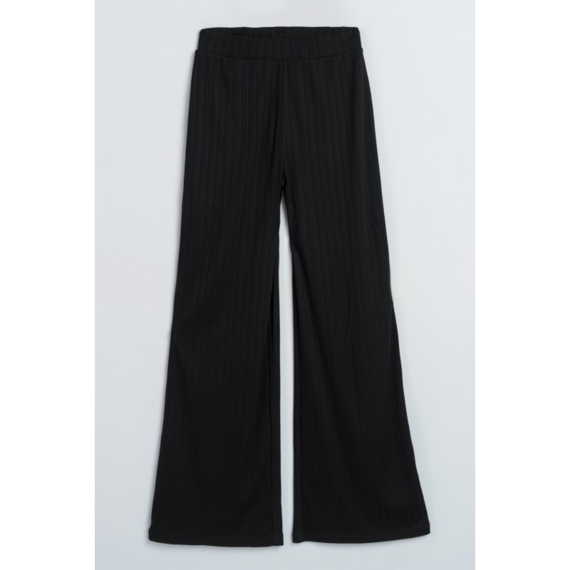Czarne spodnie prążkowane z szerokimi nogawkami - 47304