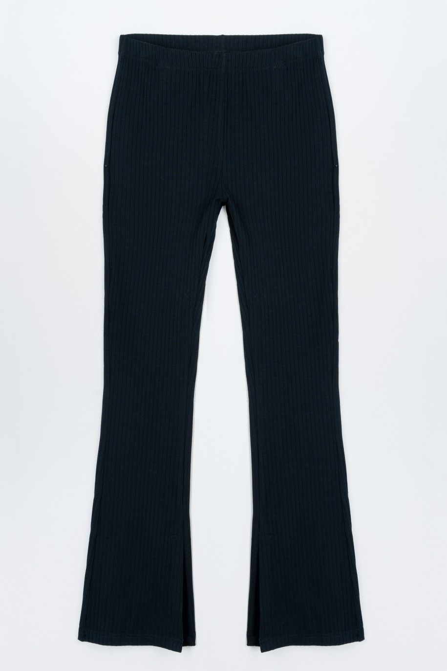 Czarne spodnie typu dzwony z prążkowanej dzianiny - 47416
