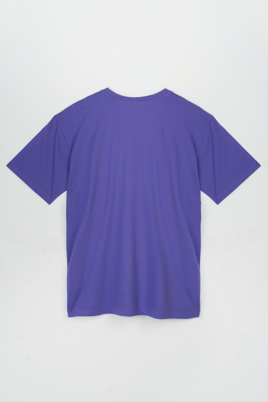 Fioletowy t-shirt oversize z czarną grafiką z przodu - 47421