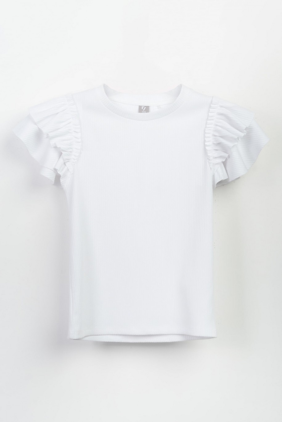 Biała bluzka z dzianiny prążkowanej z ozdobnymi rękawami - 47443